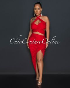 Reeda Red Crop Top & Ruched Slit Skirt Set sold by Chic Couture