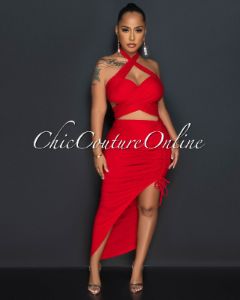 Reeda Red Crop Top & Ruched Slit Skirt Set sold by Chic Couture