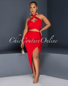 Reeda Red Crop Top & Ruched Slit Skirt Set sold by Chic Couture