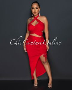 Reeda Red Crop Top & Ruched Slit Skirt Set sold by Chic Couture