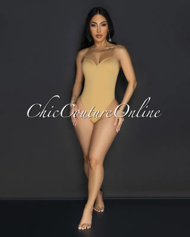 Toniya Khaki Ribbed Body-Con Bodysuit sold by Chic Couture