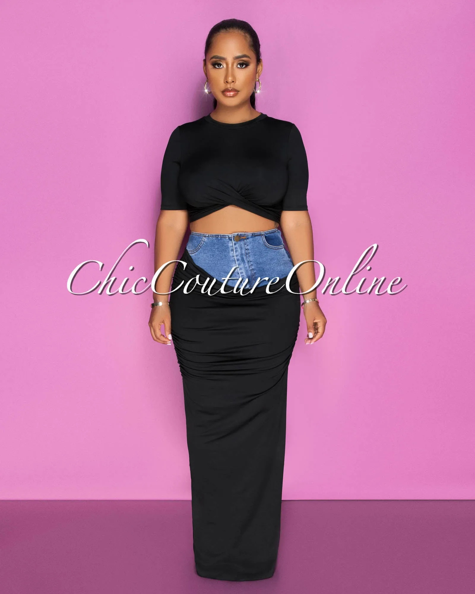 Parish Black Blue Denim Crop Top & Maxi Skirt Set sold by Chic Couture product image thumbnail 3