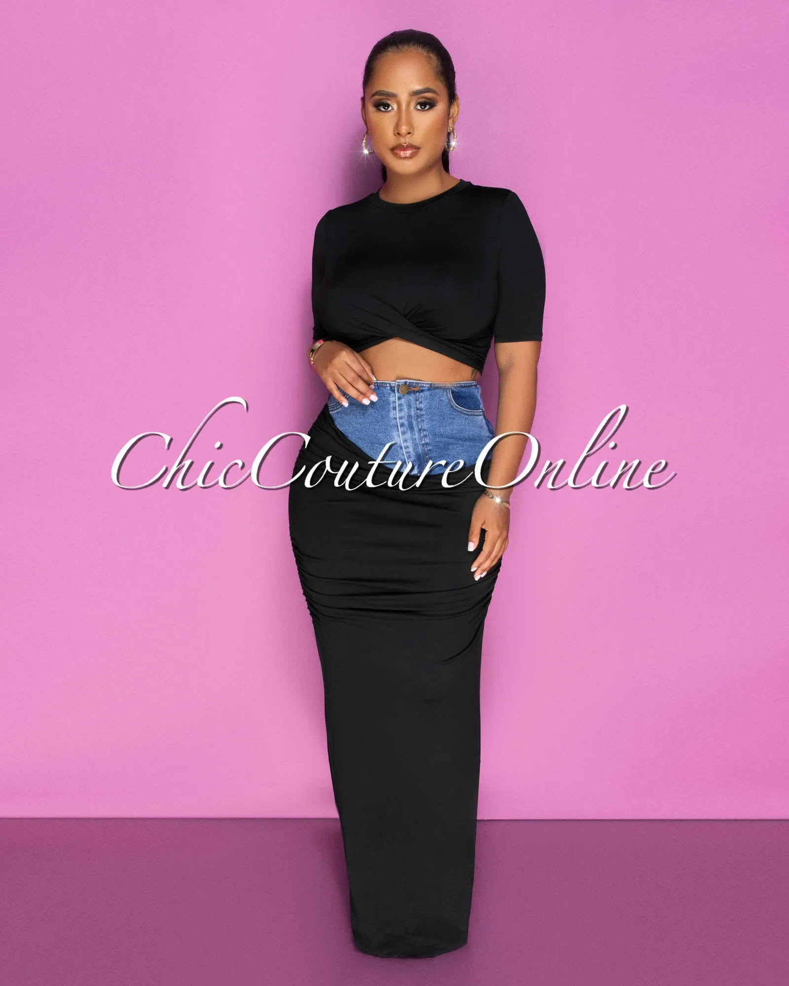 Parish Black Blue Denim Crop Top & Maxi Skirt Set sold by Chic Couture product image thumbnail 2