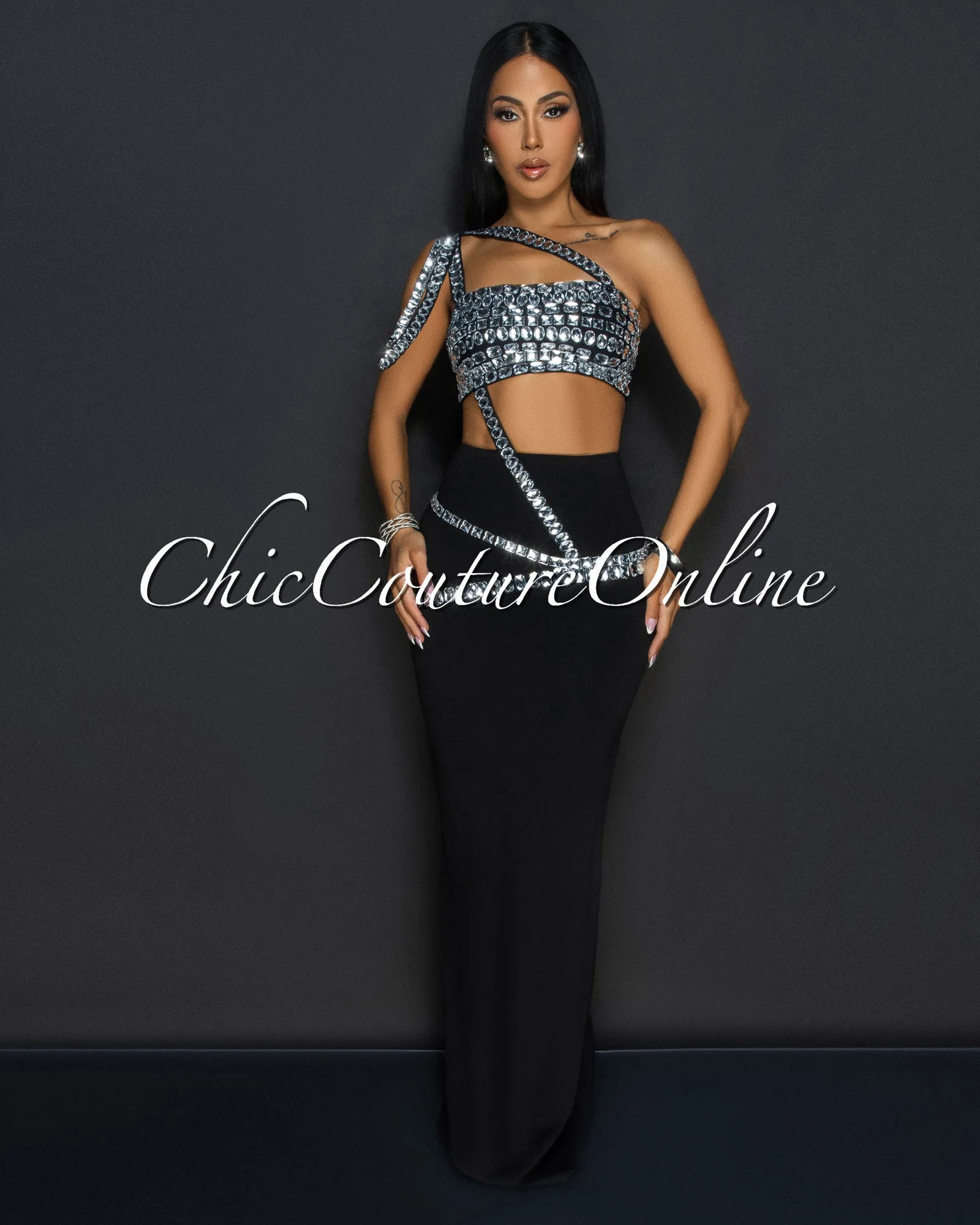 Orzola Black Rhinestones Crop Top & Maxi Skirt Set sold by Chic Couture product image thumbnail 2