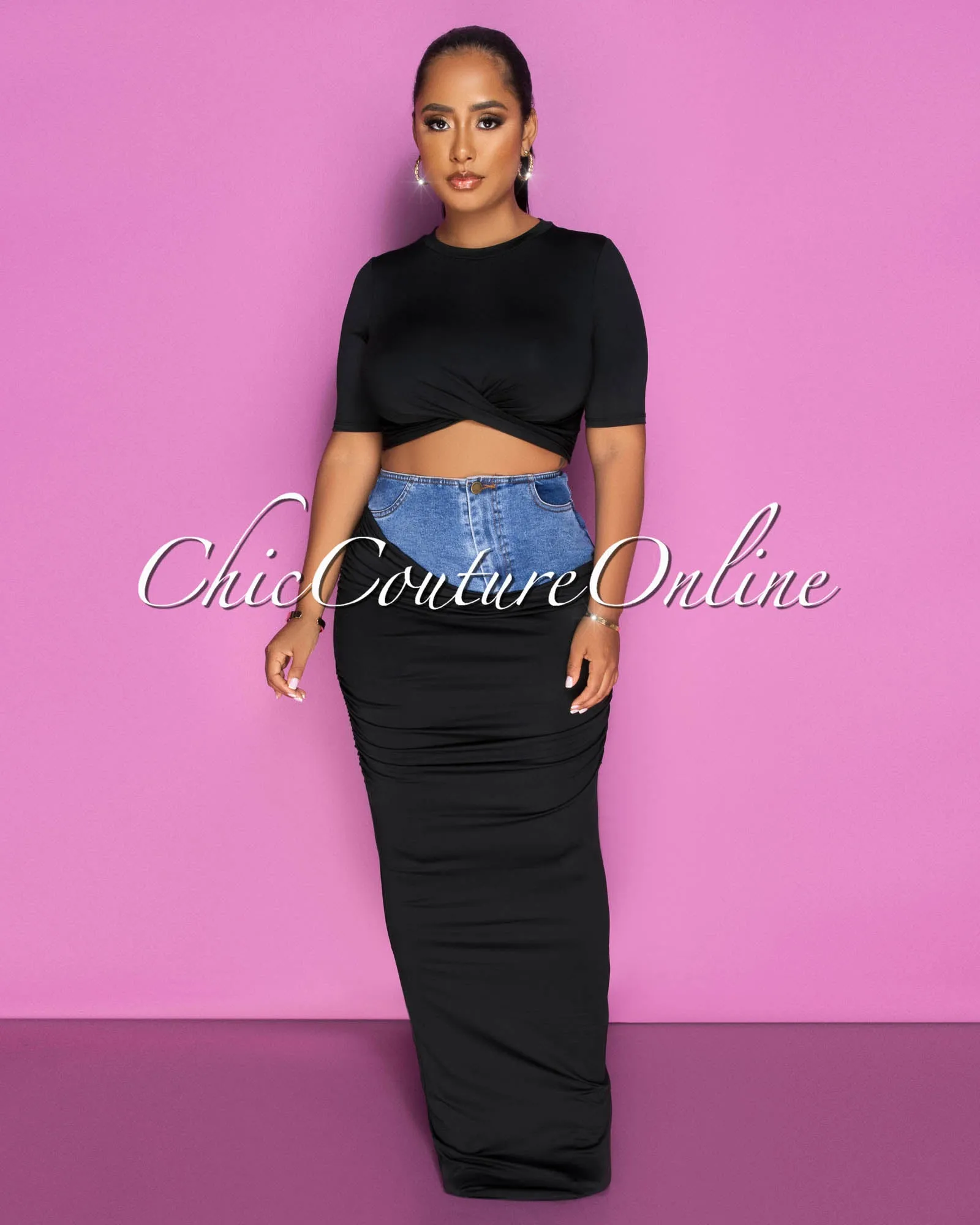 Parish Black Blue Denim Crop Top & Maxi Skirt Set sold by Chic Couture