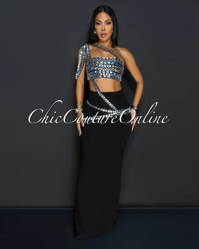 Orzola Black Rhinestones Crop Top & Maxi Skirt Set sold by Chic Couture