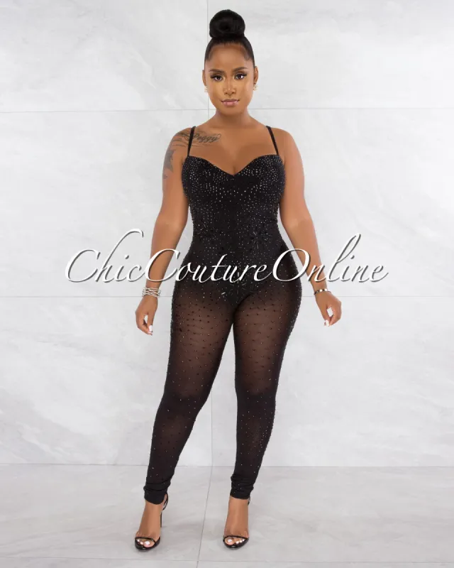 *Ontario Black Rhinestones Sheer Bodysuit Jumpsuit sold by Chic Couture