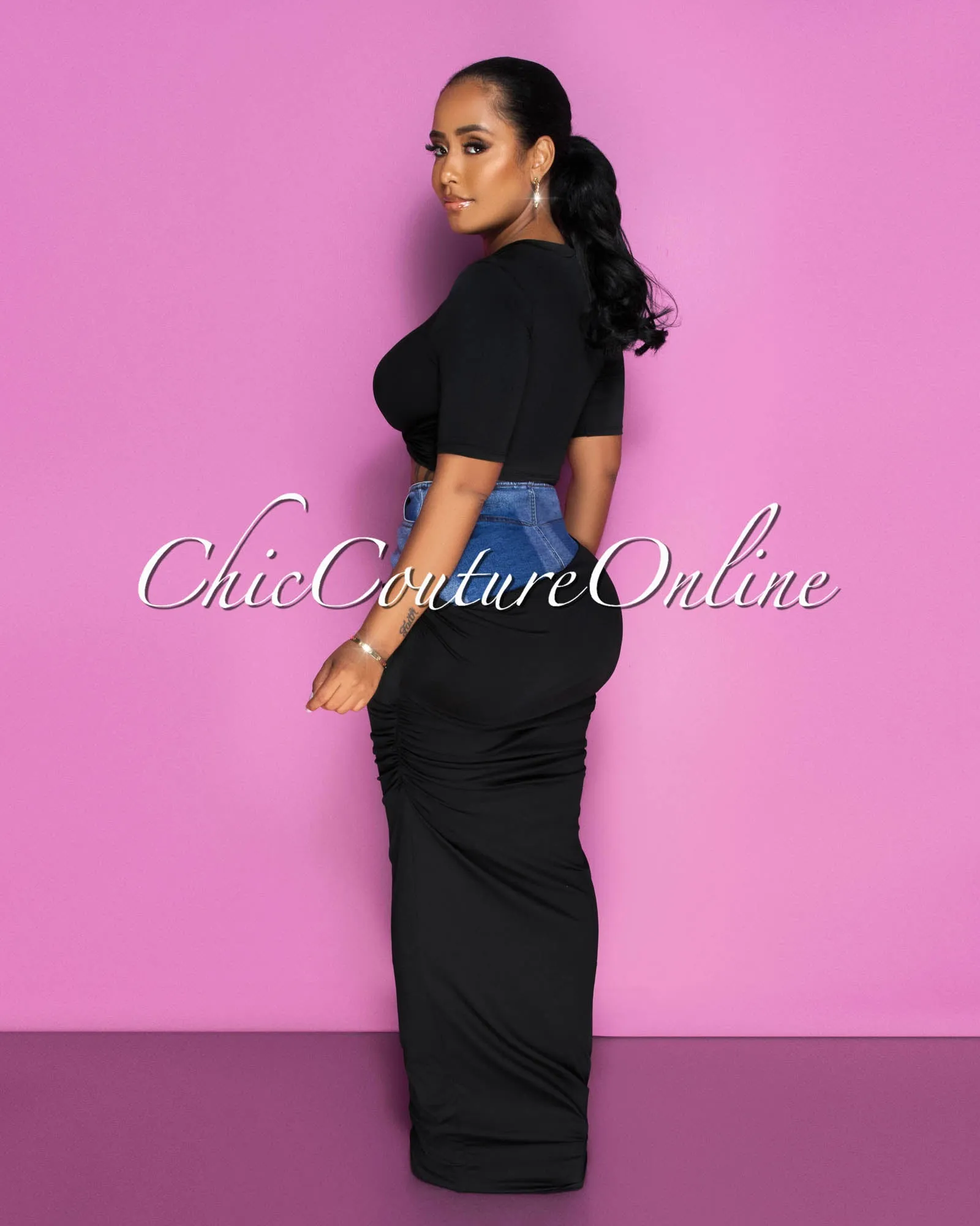Parish Black Blue Denim Crop Top & Maxi Skirt Set sold by Chic Couture product image thumbnail 4