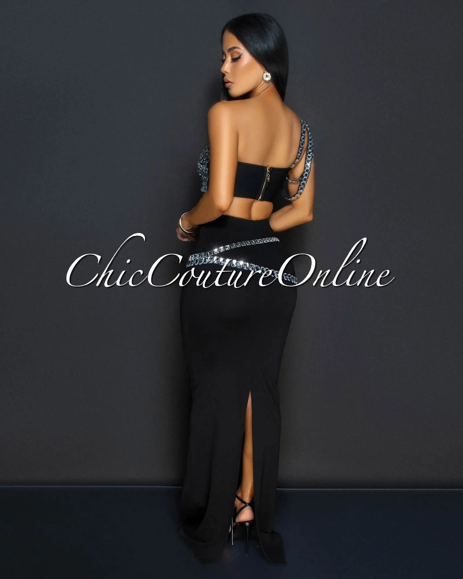 Orzola Black Rhinestones Crop Top & Maxi Skirt Set sold by Chic Couture product image thumbnail 3