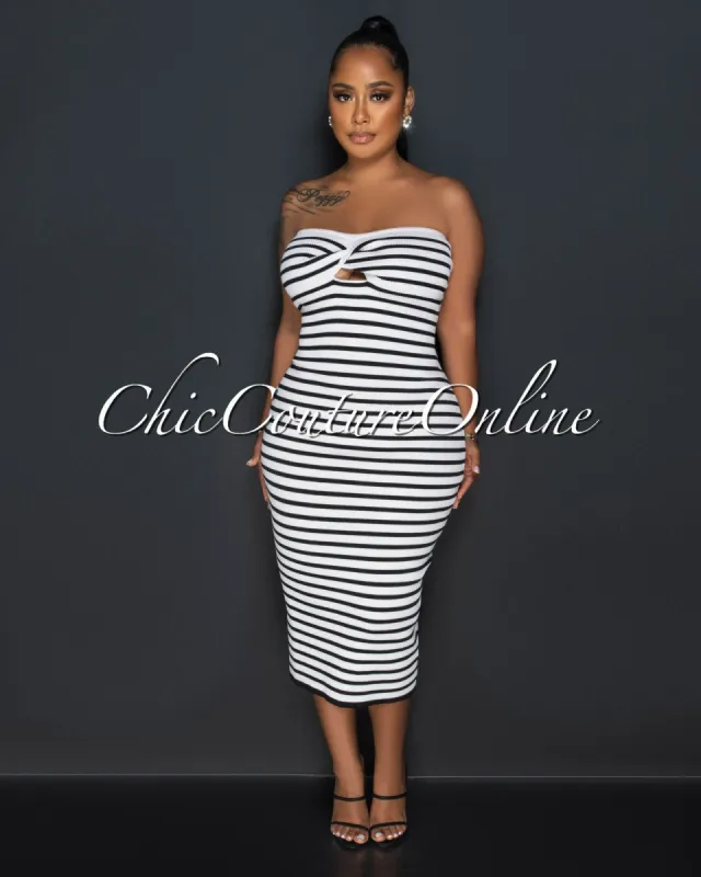 Korina Black White Strapless Ribbed Midi Dress sold by Chic Couture