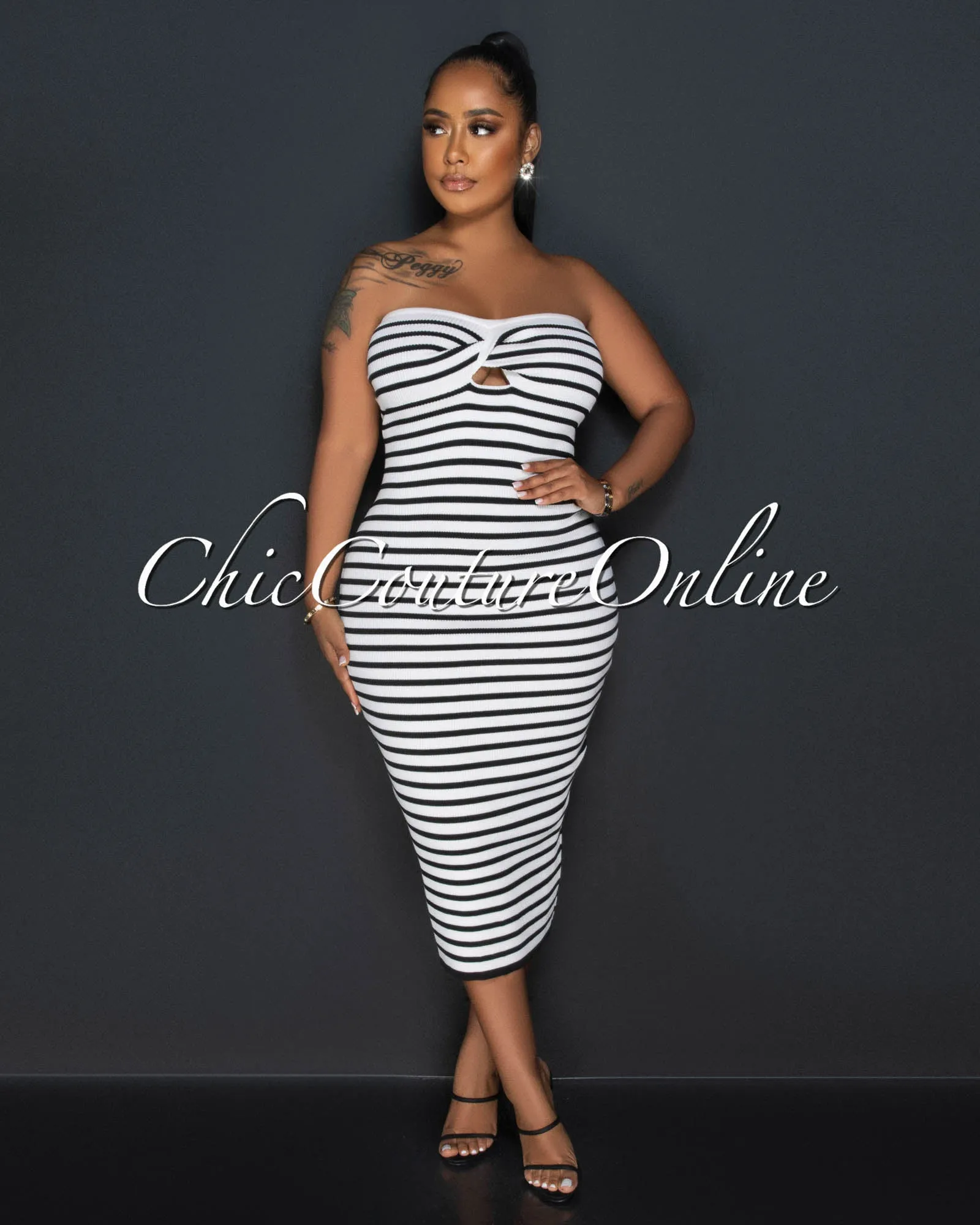 Korina Black White Strapless Ribbed Midi Dress sold by Chic Couture product image thumbnail 2
