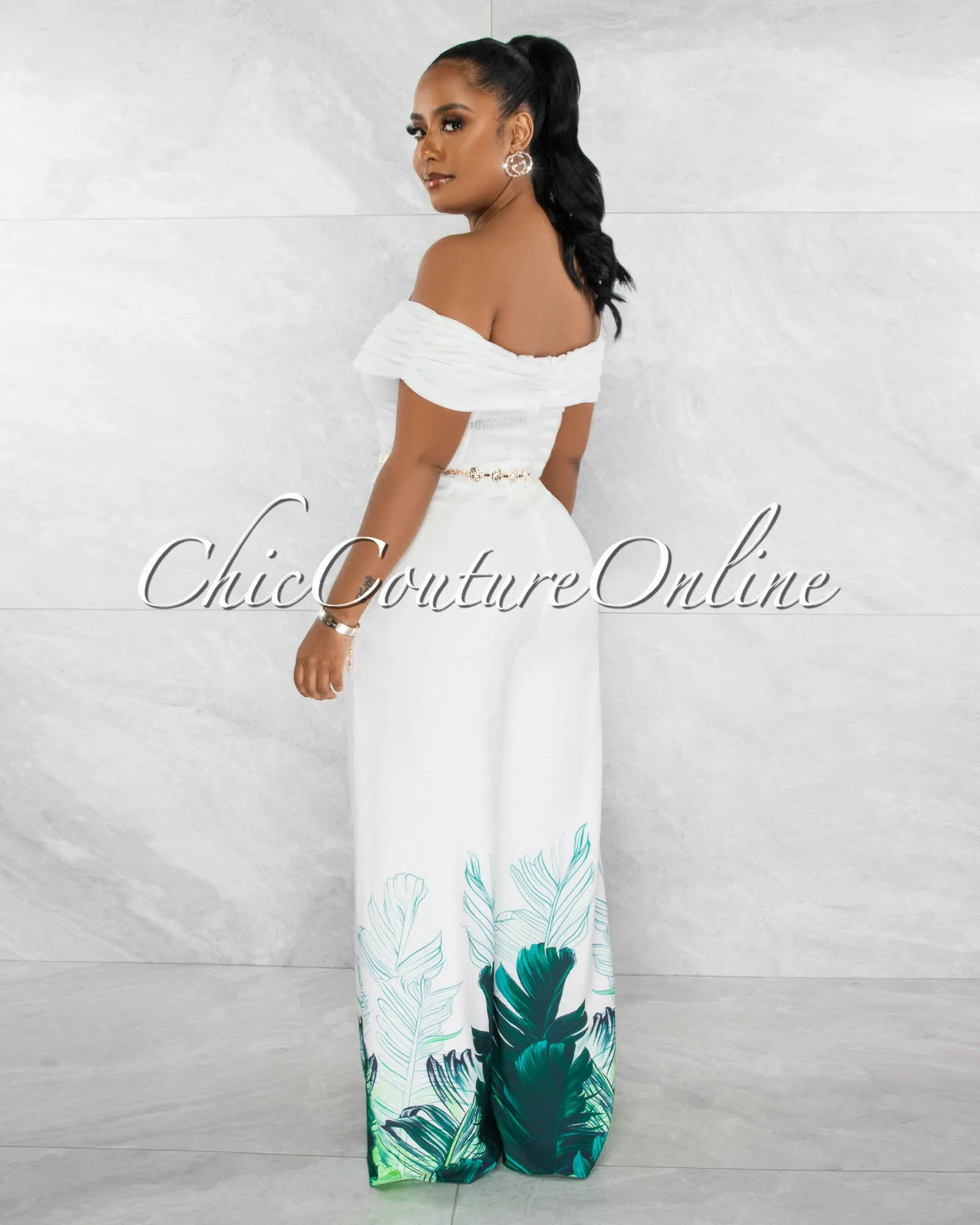 *Jaunie Off-White Green Leaf Print Gold Link Belt Jumpsuit sold by Chic Couture product image thumbnail 3