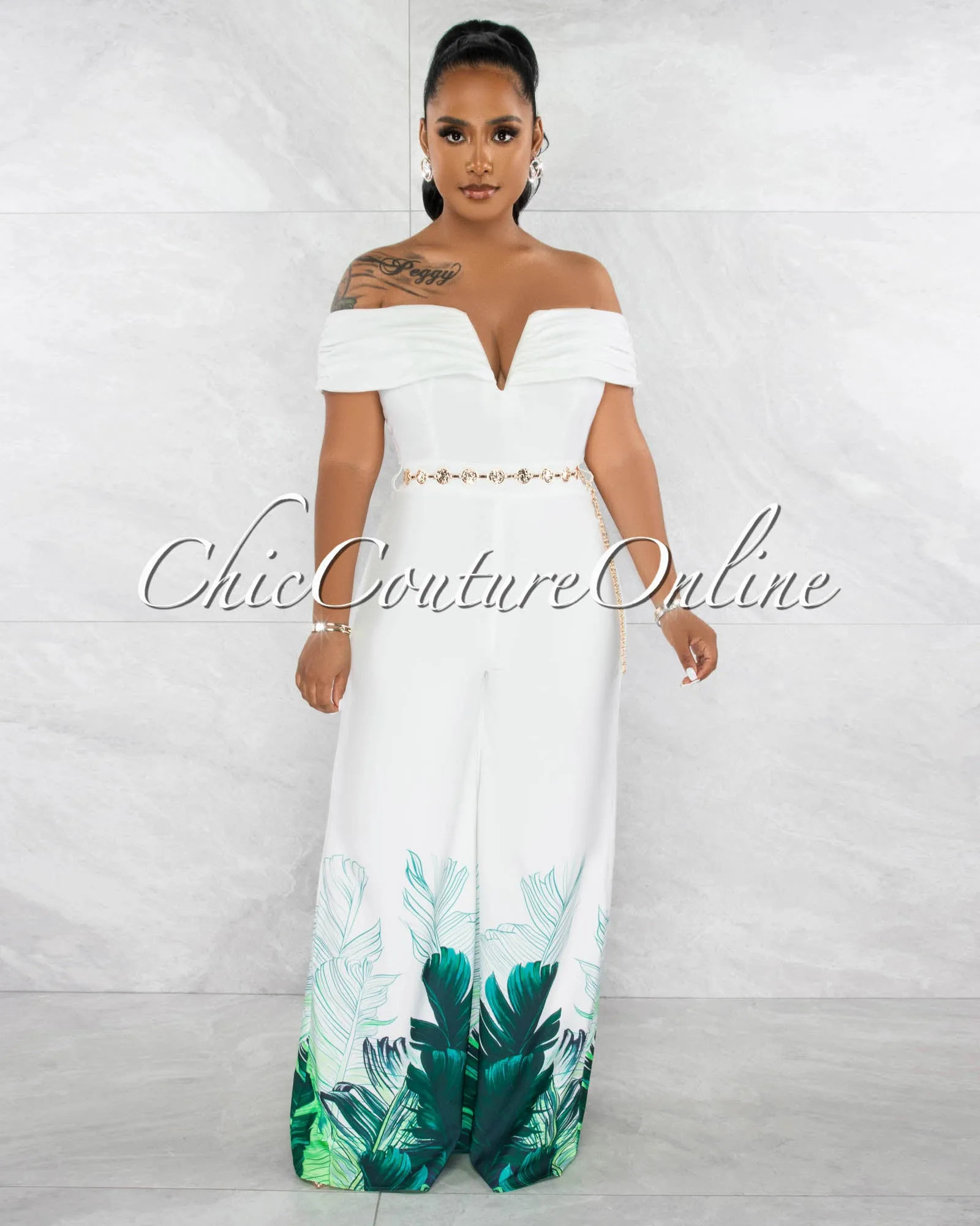*Jaunie Off-White Green Leaf Print Gold Link Belt Jumpsuit sold by Chic Couture product image thumbnail 2