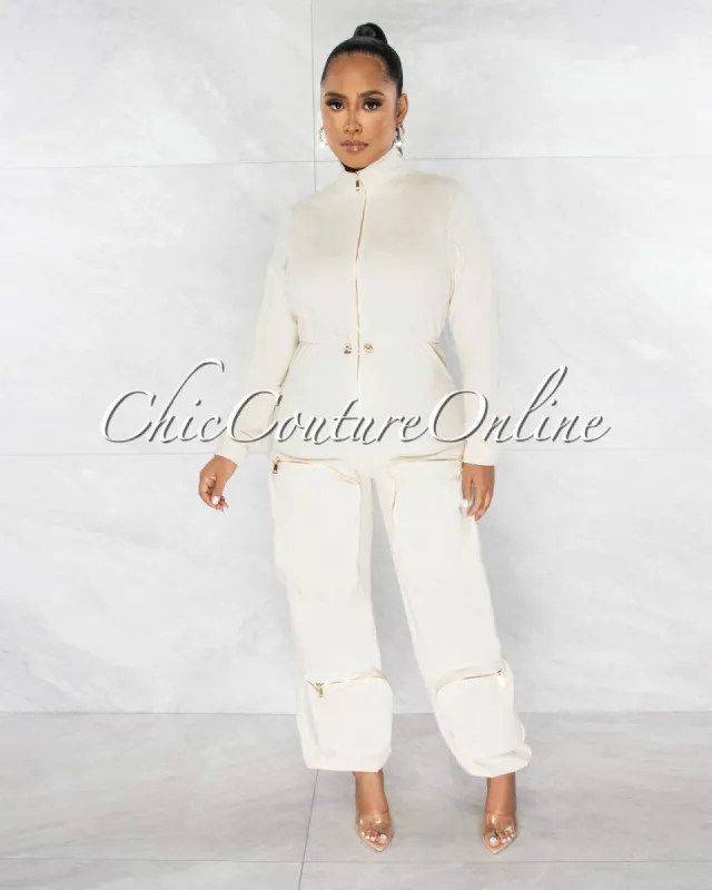 *Kenta Nude Gold Zippers Cargo Pockets Utility Jumpsuit sold by Chic Couture