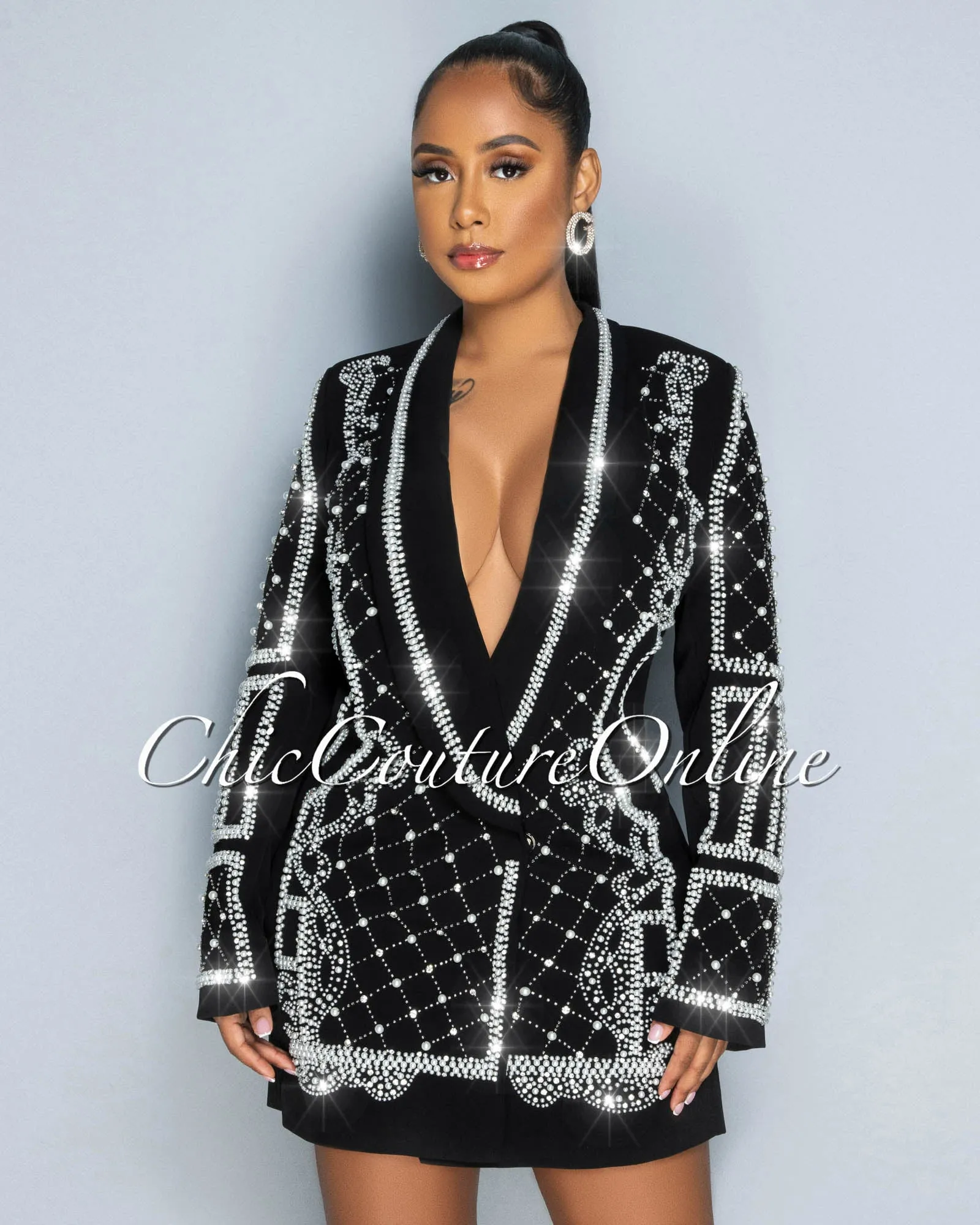 *Gracy Black Pearl & Rhinestone Accent Luxe Blazer Dress sold by Chic Couture product image thumbnail 3