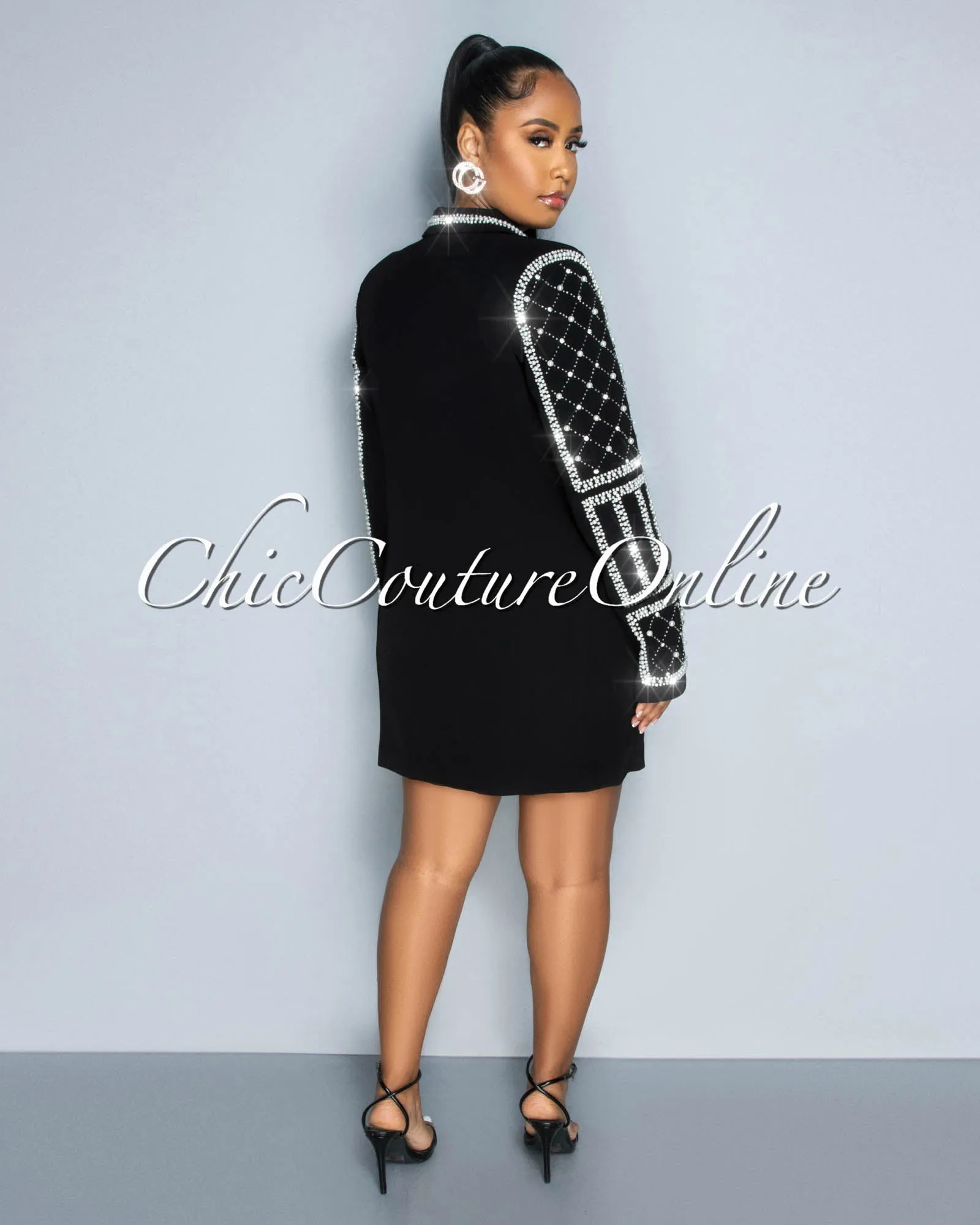 *Gracy Black Pearl & Rhinestone Accent Luxe Blazer Dress sold by Chic Couture product image thumbnail 4