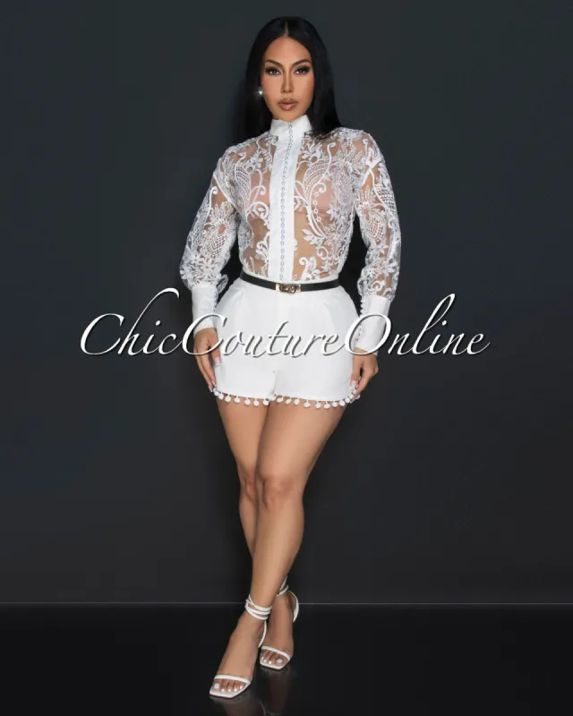 Rya White Peal Buttoned Blouse & Flared Short Set sold by Chic Couture