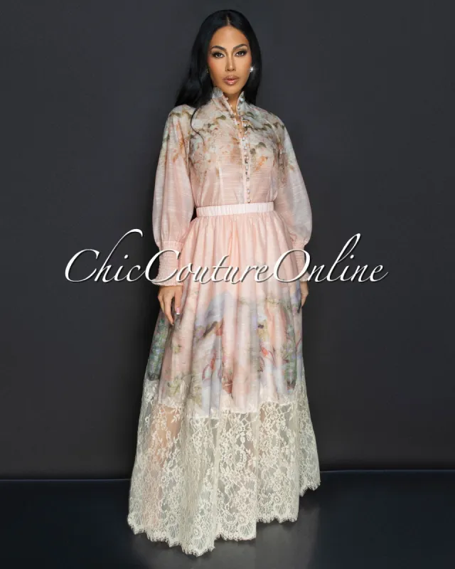 Calinda Blush Floral Blouse & Maxi Skirt Set sold by Chic Couture
