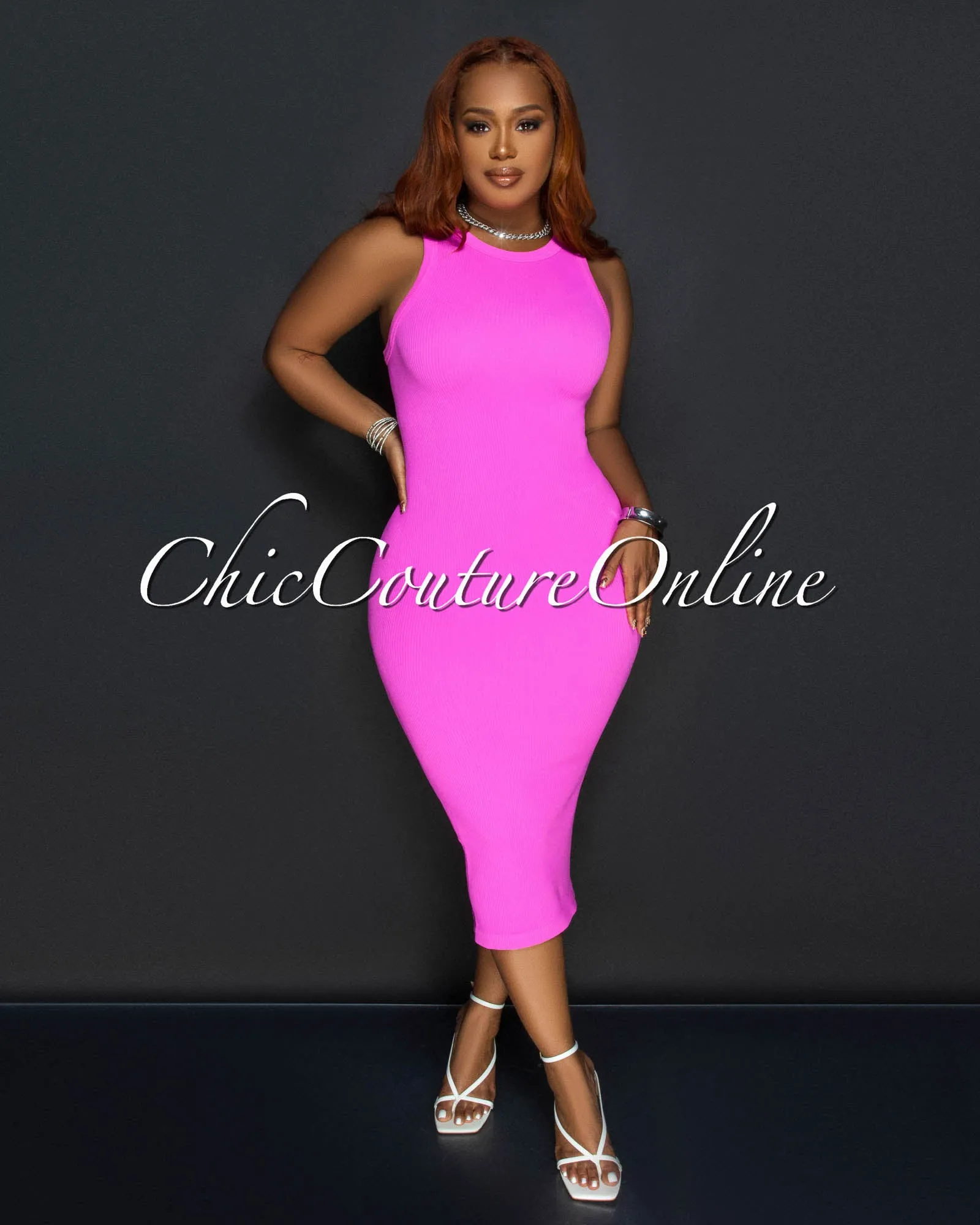 Liona Pink Sleeveless Ribbed Midi Dress sold by Chic Couture product image thumbnail 2