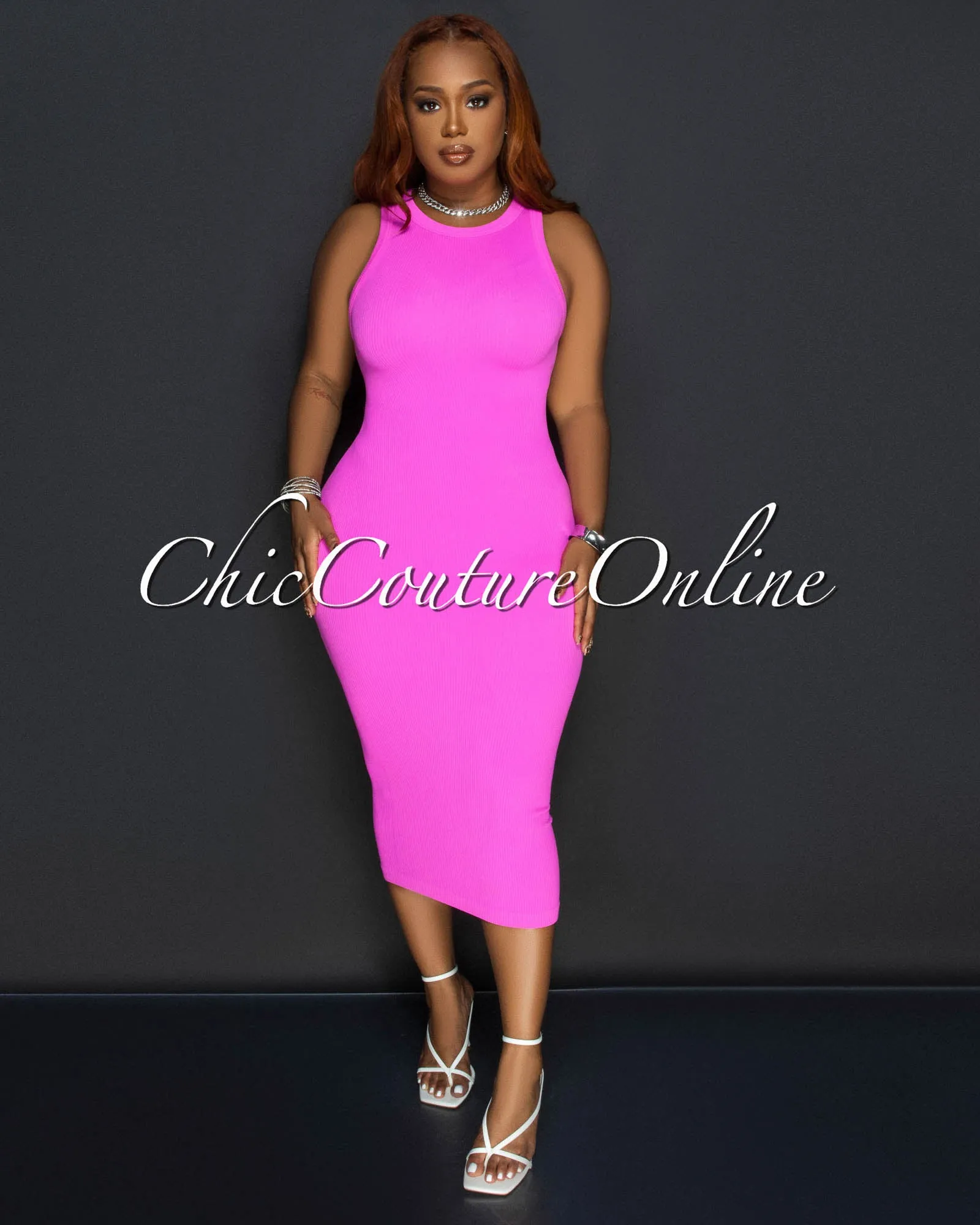 Liona Pink Sleeveless Ribbed Midi Dress sold by Chic Couture