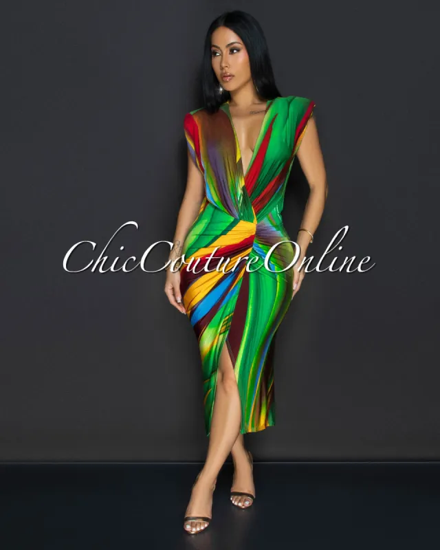 Alizey Multi-Color Deep V Front Midi Dress sold by Chic Couture