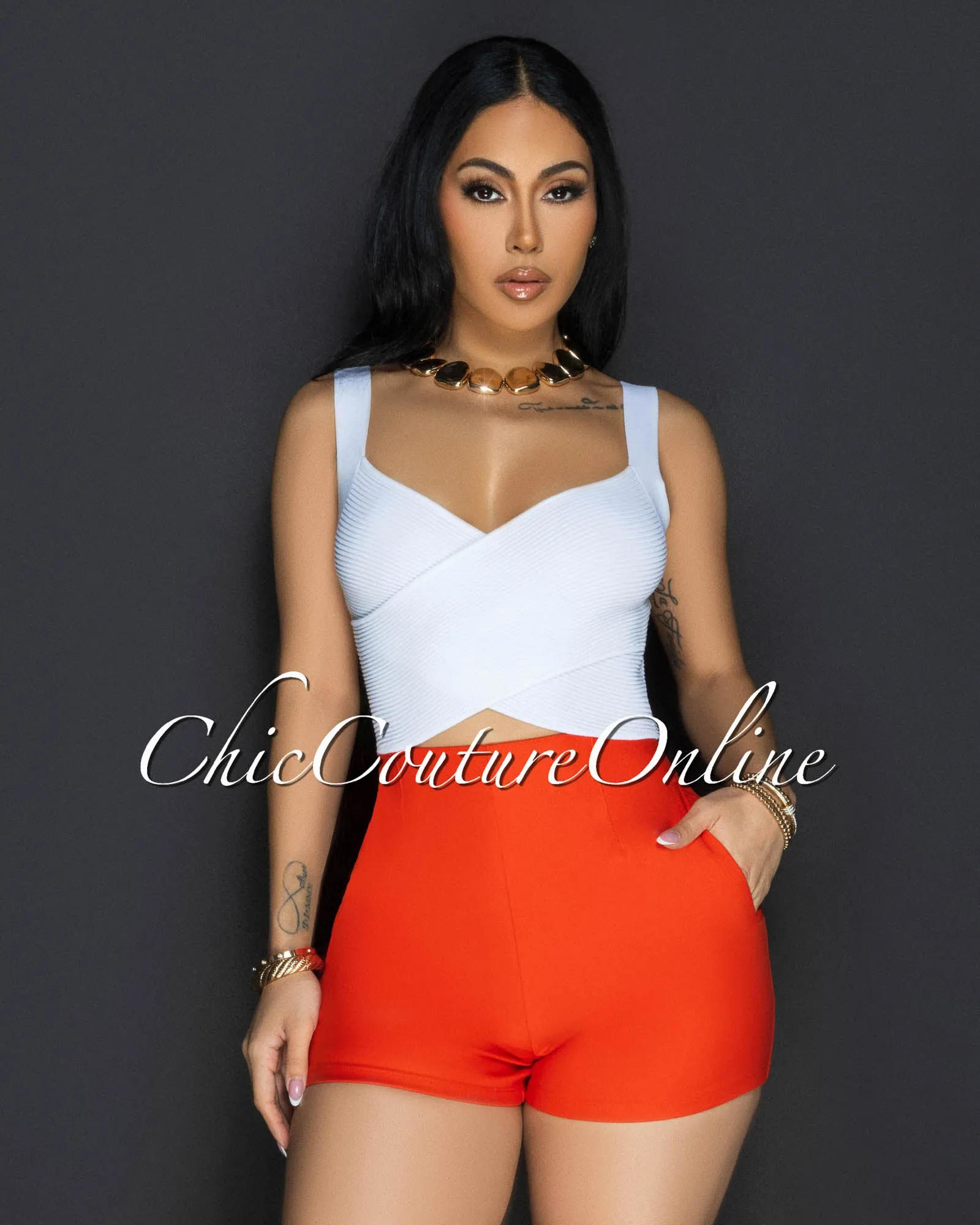 Shina White Cross V-Neck Ribbed Crop Top sold by Chic Couture