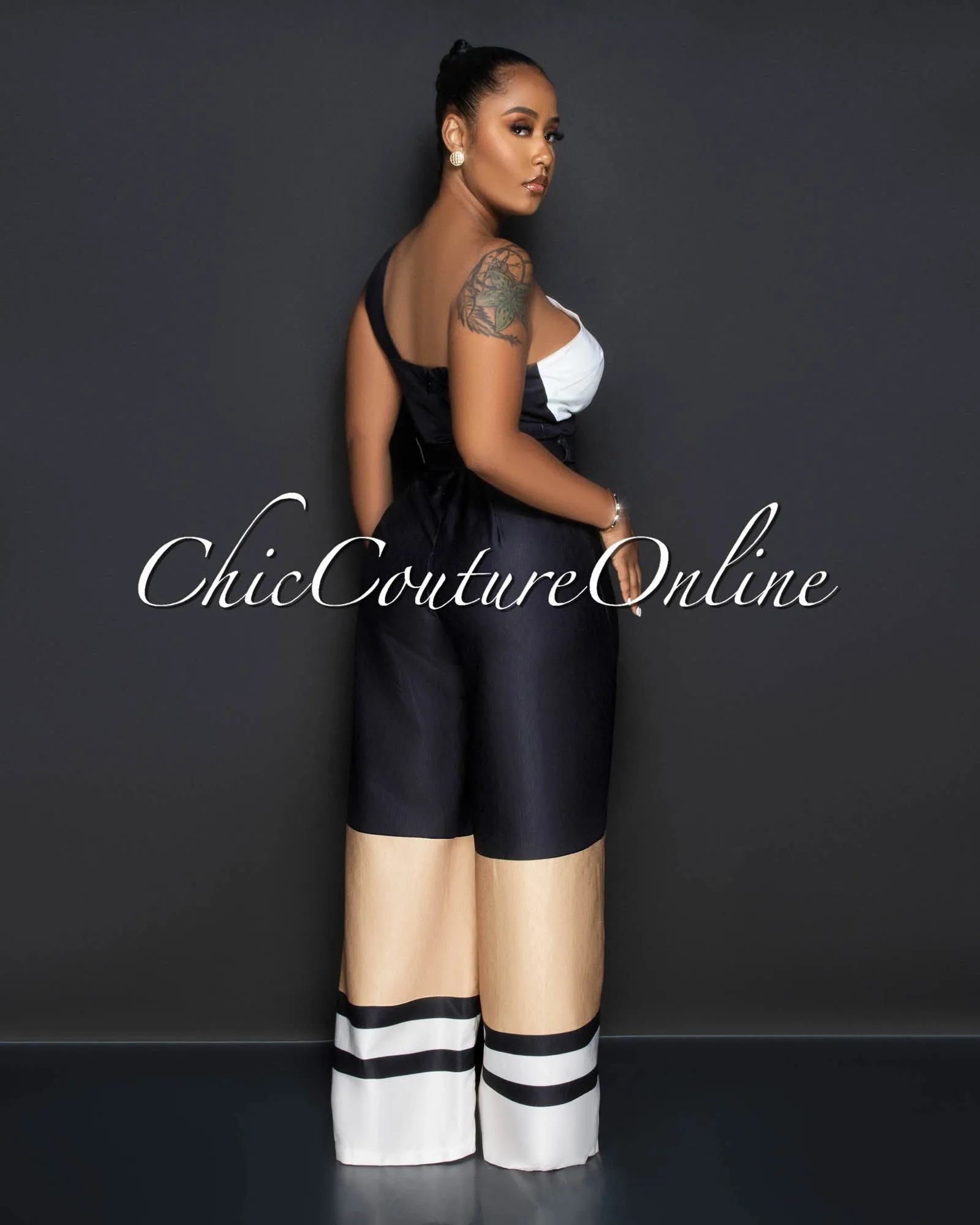 *Thera Black White Nude Single Shoulder Gold Buckle Belt Jumpsuit sold by Chic Couture product image thumbnail 3
