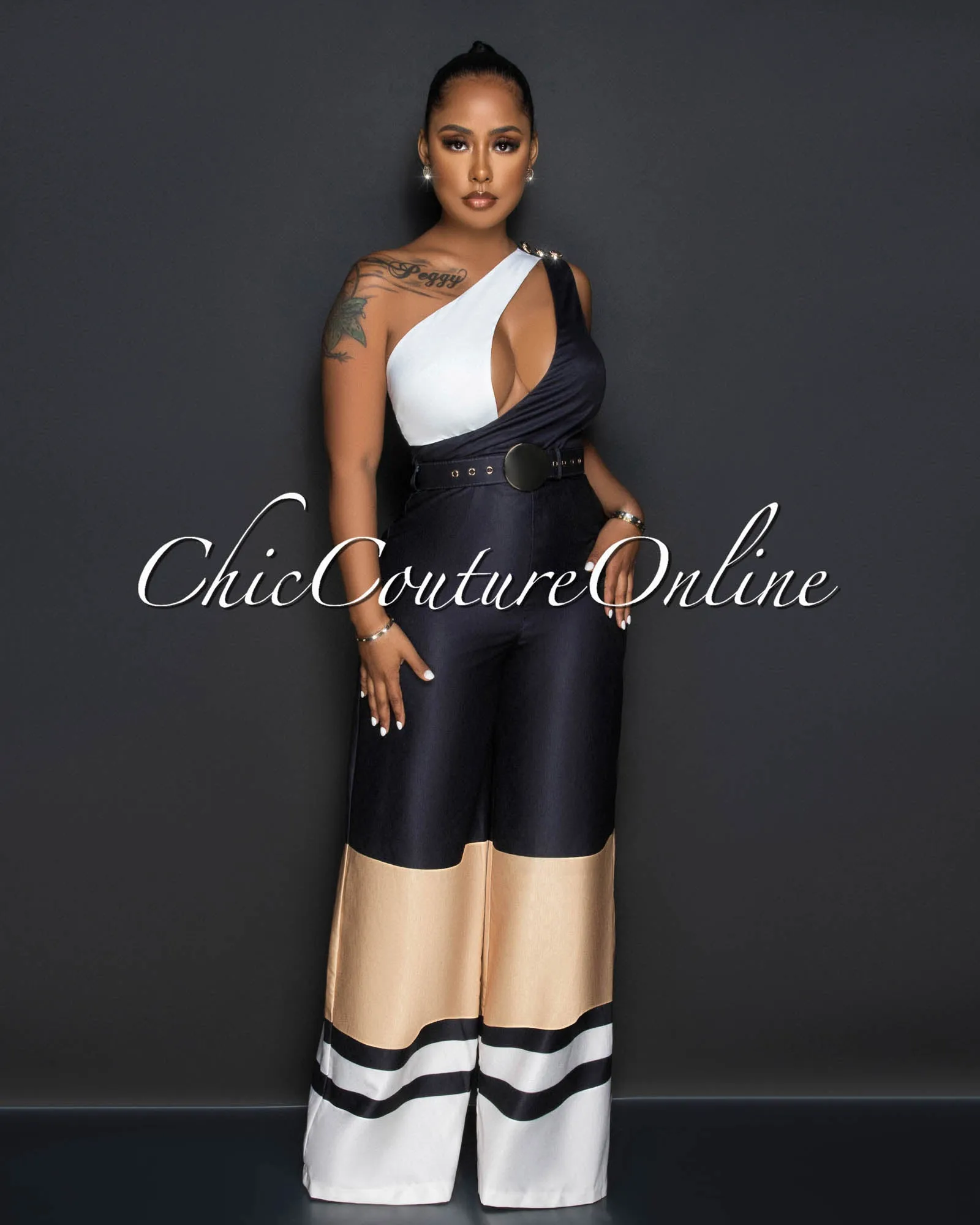 *Thera Black White Nude Single Shoulder Gold Buckle Belt Jumpsuit sold by Chic Couture product image thumbnail 2