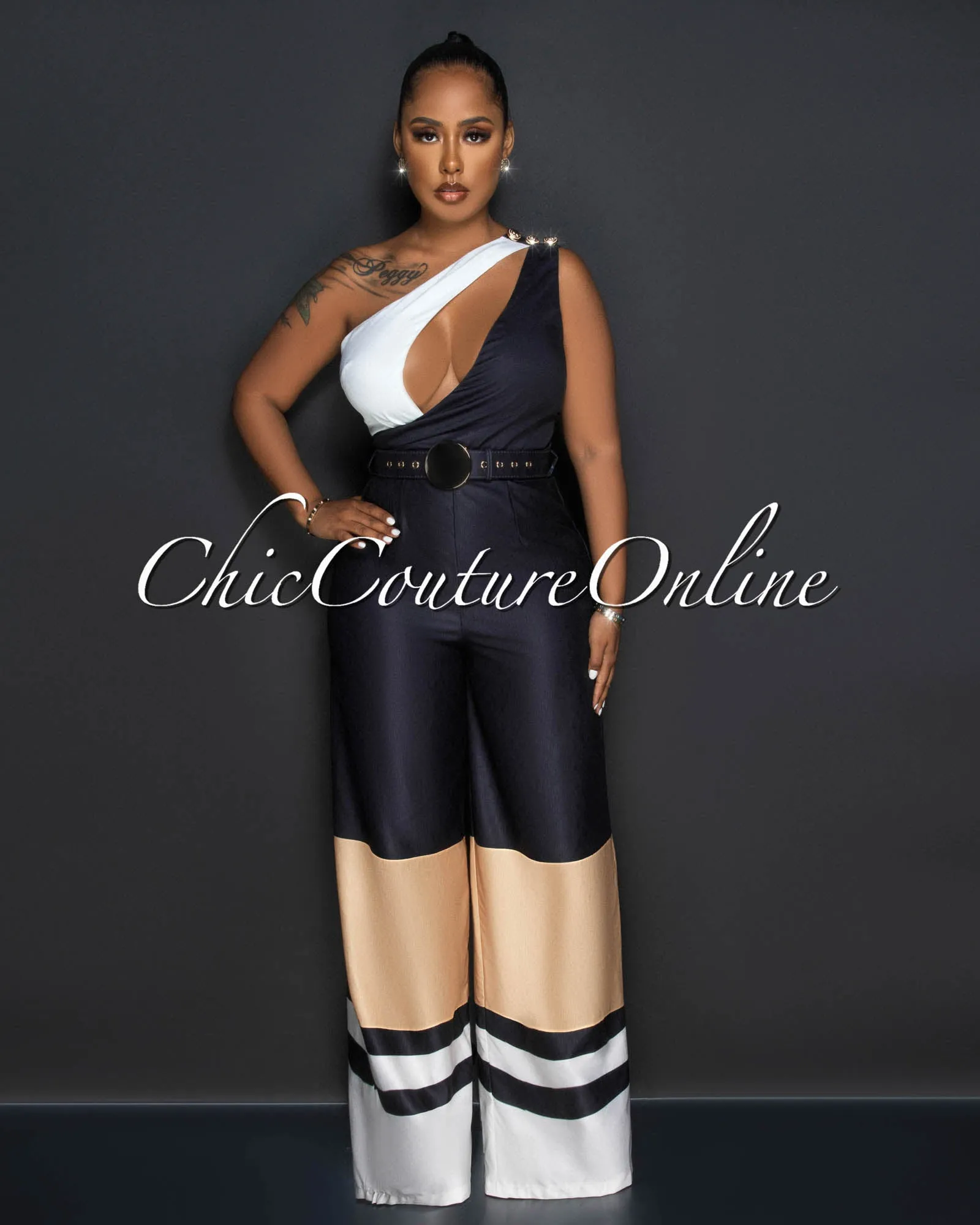 *Thera Black White Nude Single Shoulder Gold Buckle Belt Jumpsuit sold by Chic Couture