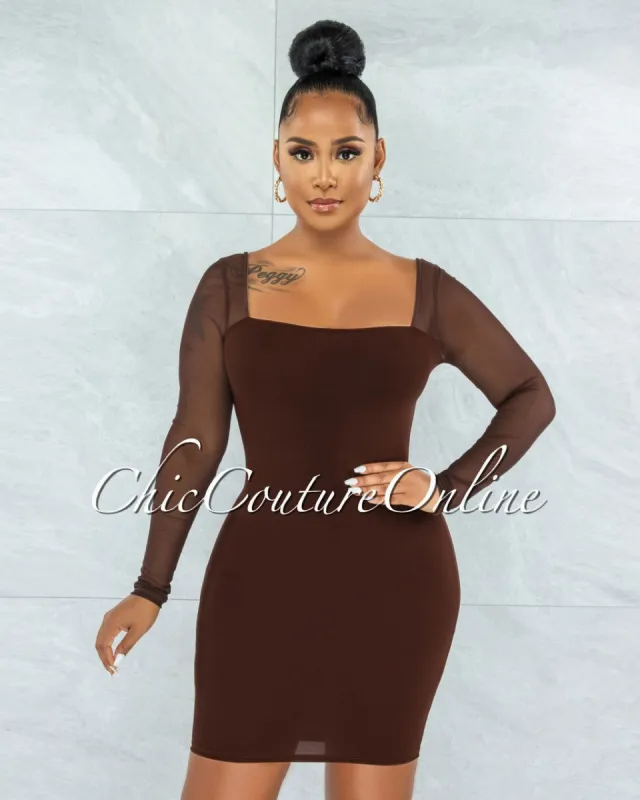 *Unelina Chocolate Brown Mesh Long Sleeves Dress sold by Chic Couture