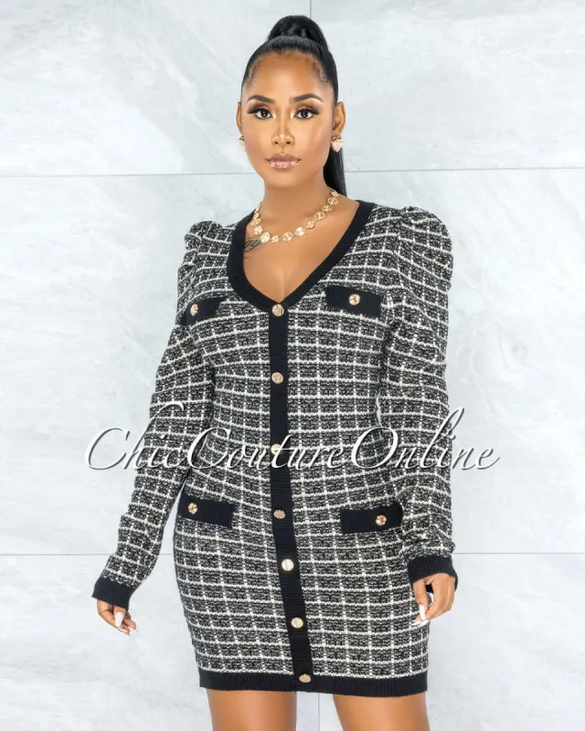 Cresta Black Nude Gold Buttons Tweed Dress sold by chic