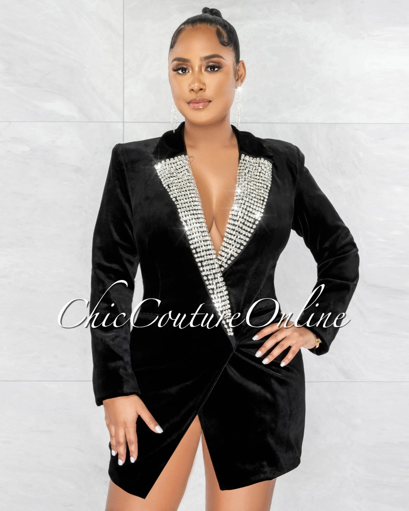 *Galeas Black Velvet Silver Rhinestones Double Trench Dress sold by Chic Couture