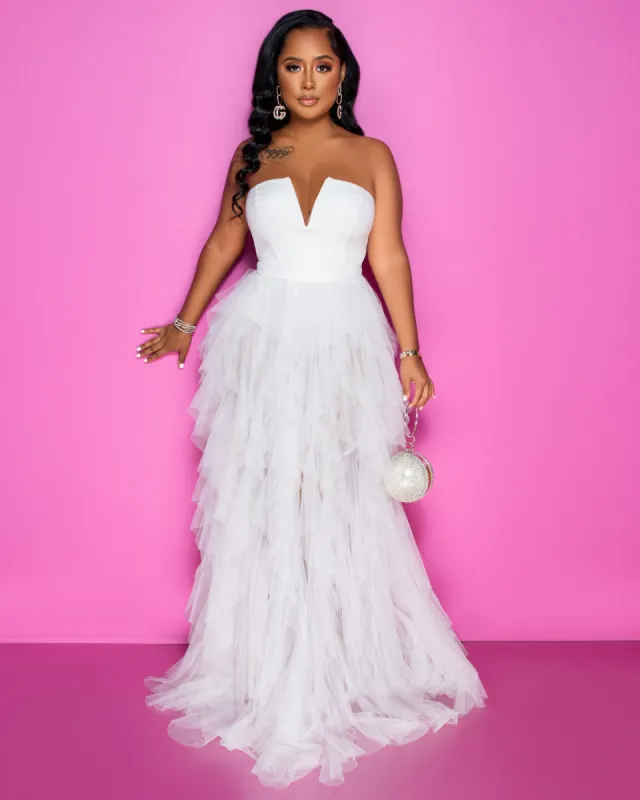 *Vaneka Off-White Strapless Tulle Ruffle Bodysuit Dress sold by Chic Couture