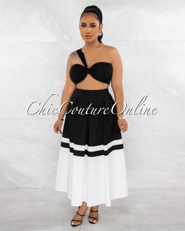 *Loyda Black White Crop Top & Stripes Midi Flutter Skirt Set sold by Chic Couture