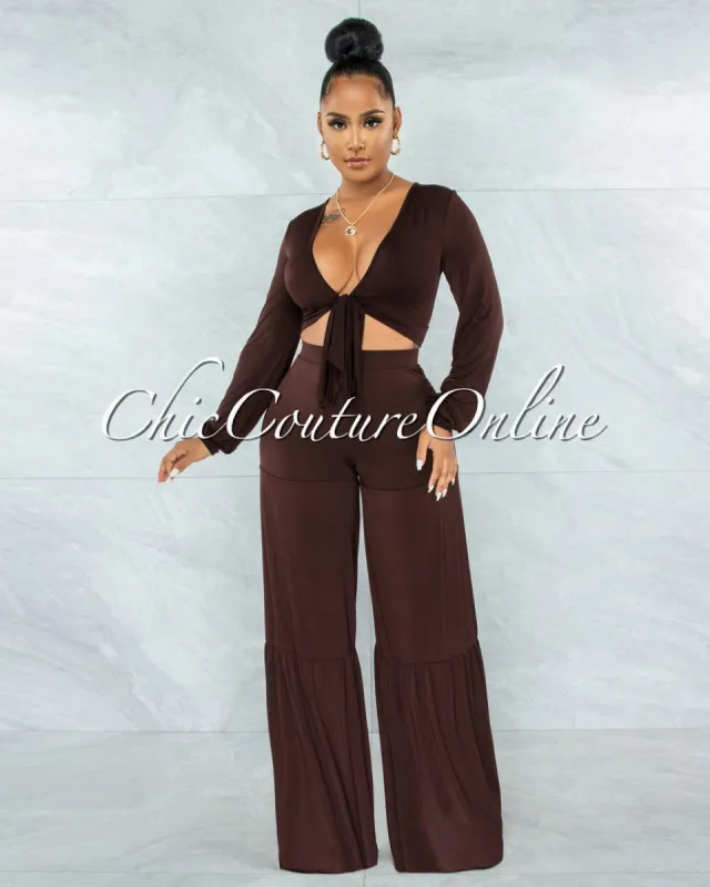 Witta Brown Front Tie Top & Wide Legs Pants Set sold by chic