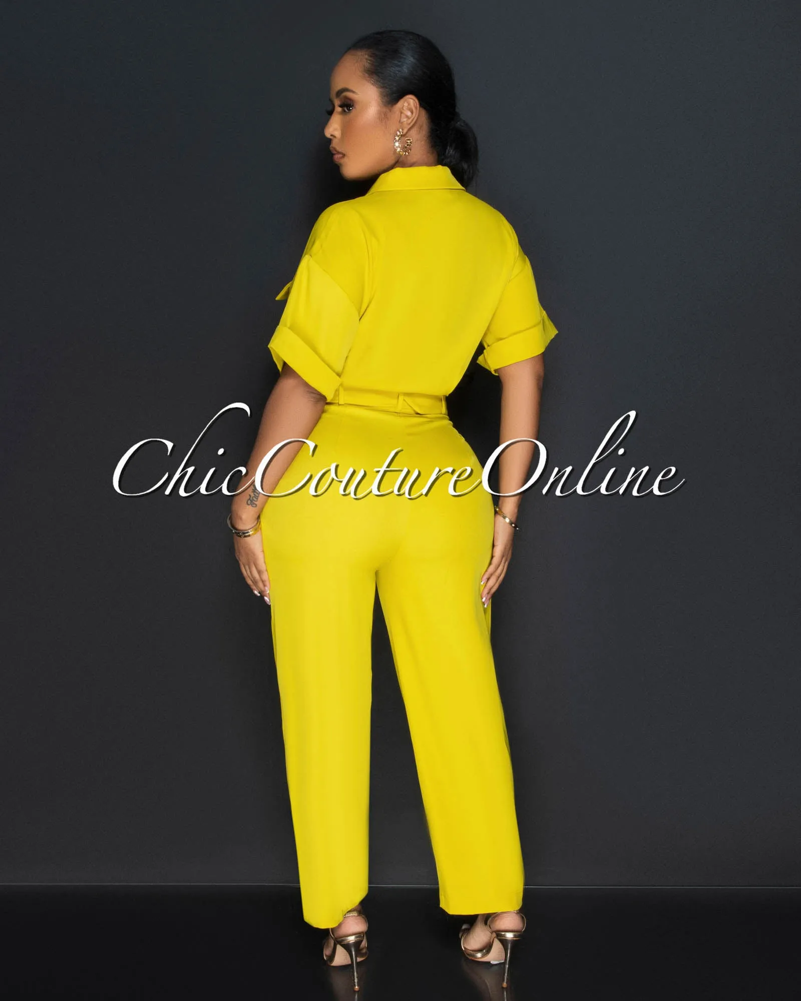 Malika Lime Gold Buckle Belt Jumpsuit sold by Chic Couture product image thumbnail 4