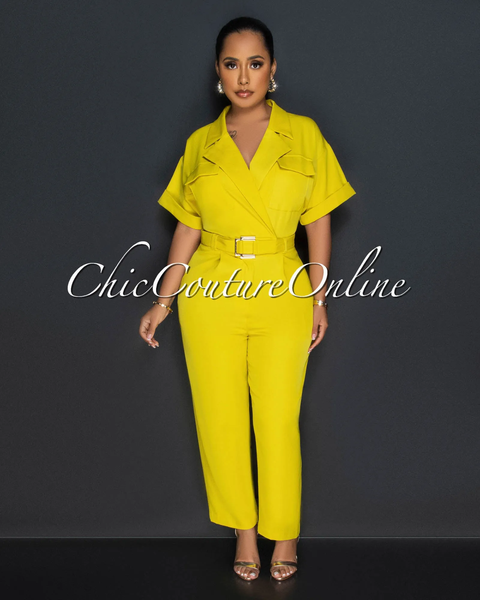Malika Lime Gold Buckle Belt Jumpsuit sold by Chic Couture product image thumbnail 2