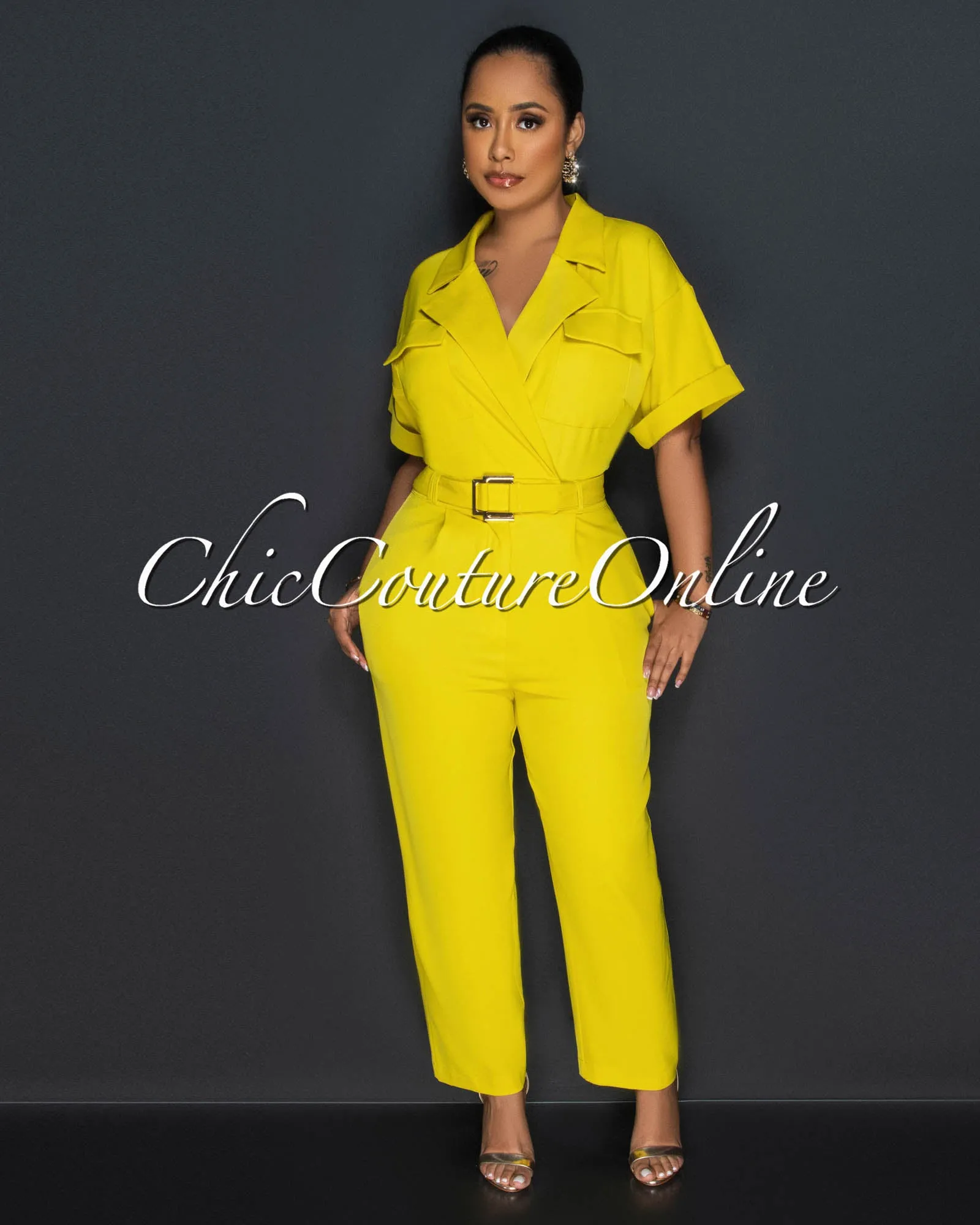 Malika Lime Gold Buckle Belt Jumpsuit sold by Chic Couture product image thumbnail 3