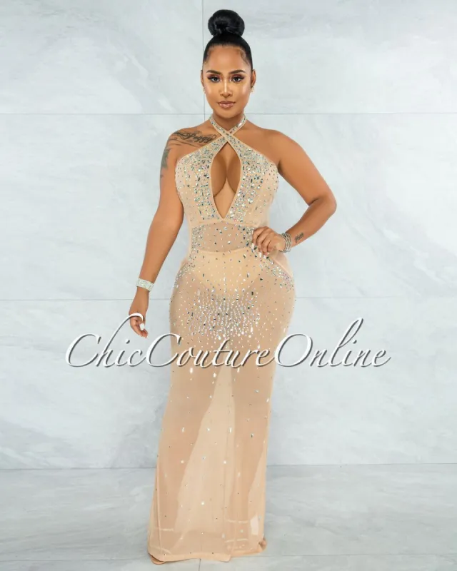 Anguilla Nude Mesh Iridescent Rhinestones Halter Dress sold by Chic Couture