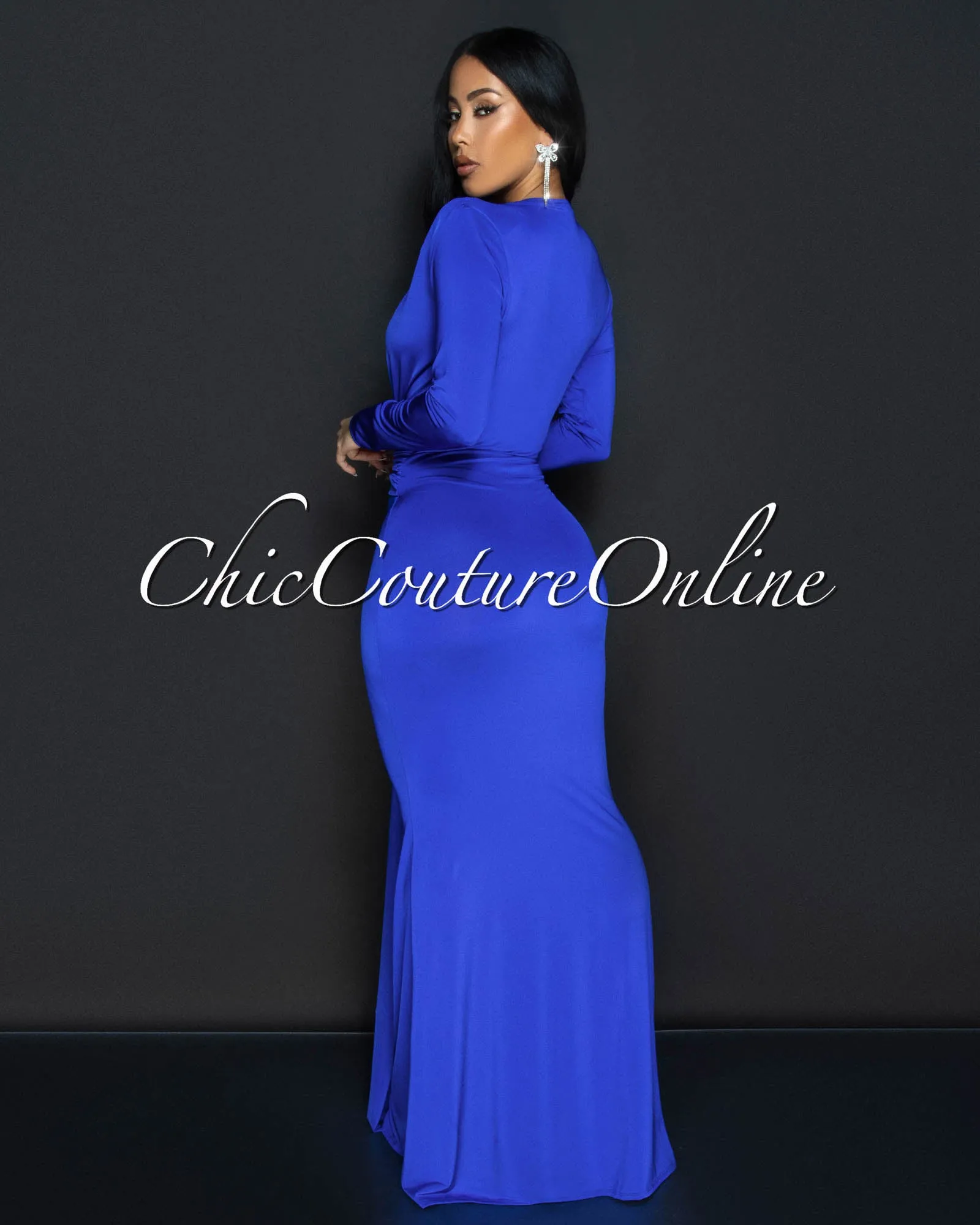 Cordelia Royal-Blue Long Sleeves Deep V-Neck Maxi Dress sold by Chic Couture product image thumbnail 3
