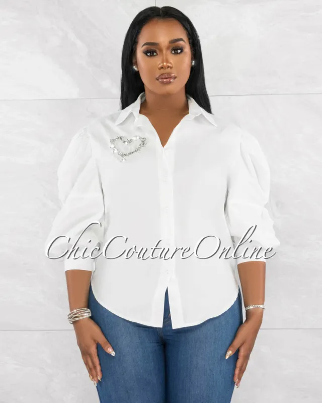 *Henrick Off-White Rhinestones Heart Buttoned Shirt sold by Chic Couture