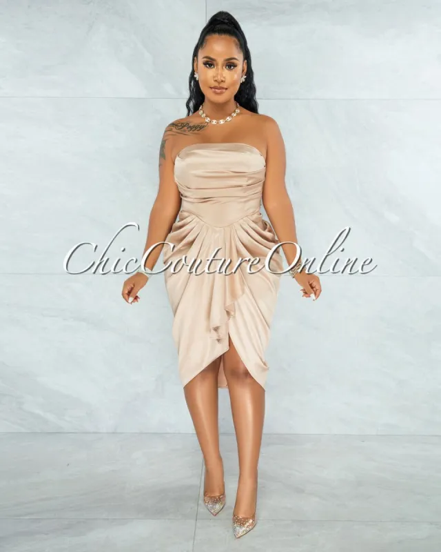 *Esther Champagne Front Draped Hi-Lo Satin Midi Dress sold by Chic Couture