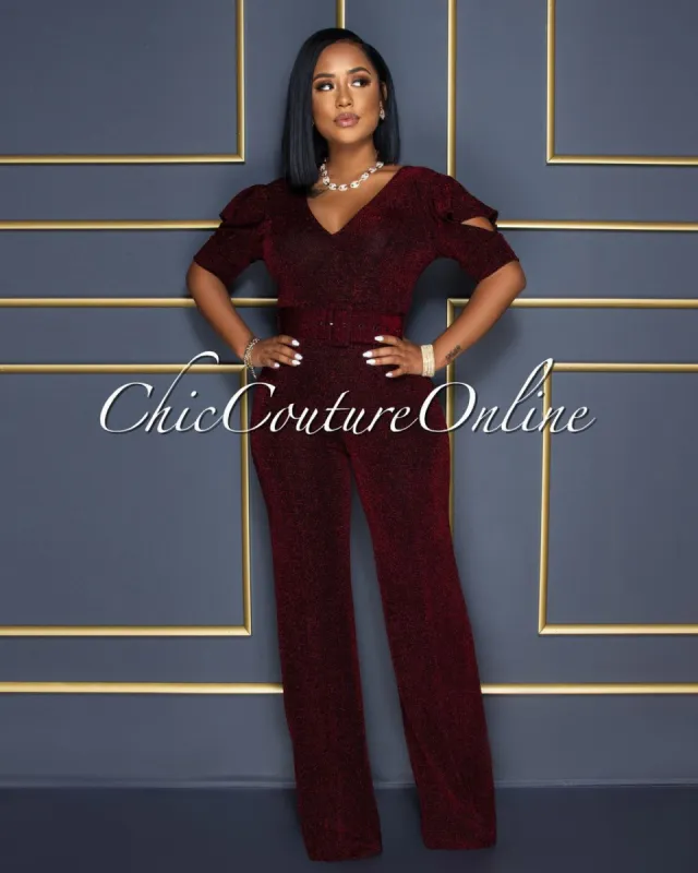 Venus Black Red Shimmer Ruffle Sleeves Belted Jumpsuit sold by Chic Couture