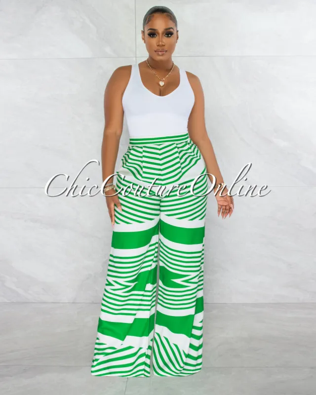 *Harlem White Green Stripes Wide Pants sold by Chic Couture