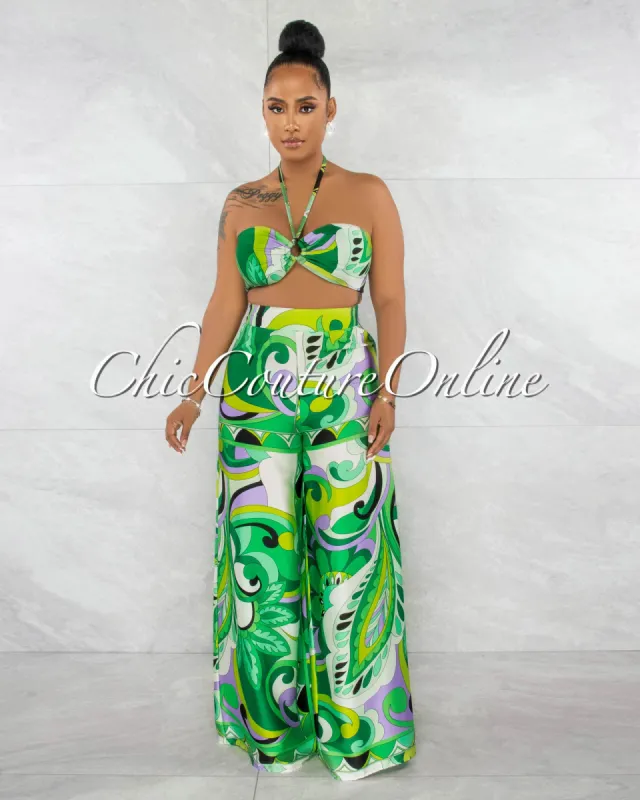 *Kerta Green Multi-Color Print "O" Ring Top & Wide Pants Set sold by Chic Couture