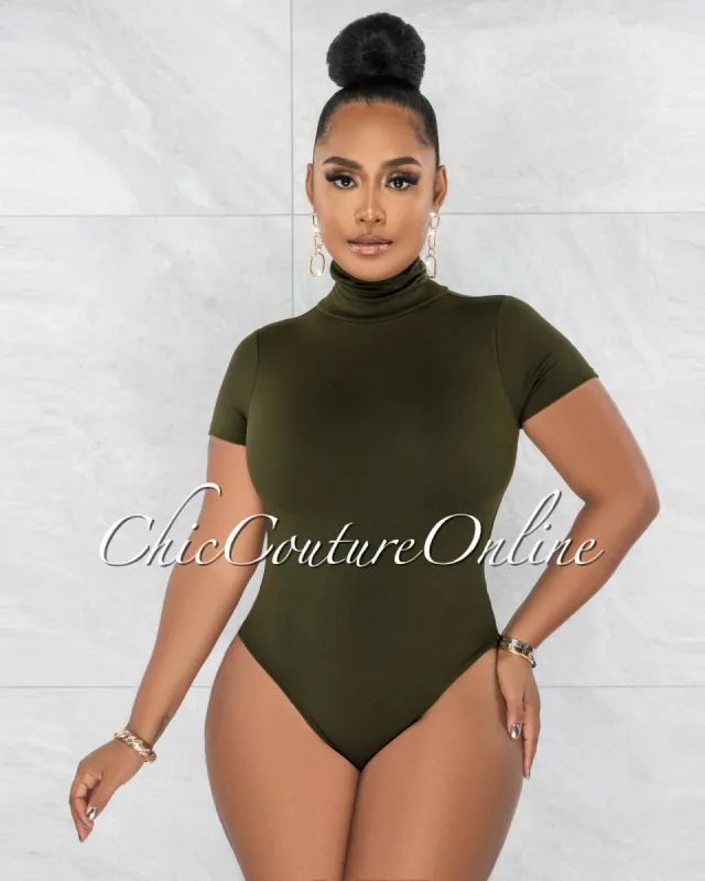 Merlyse Olive Green Mock Neckline Short Sleeves Bodysuit made by Chic Couture