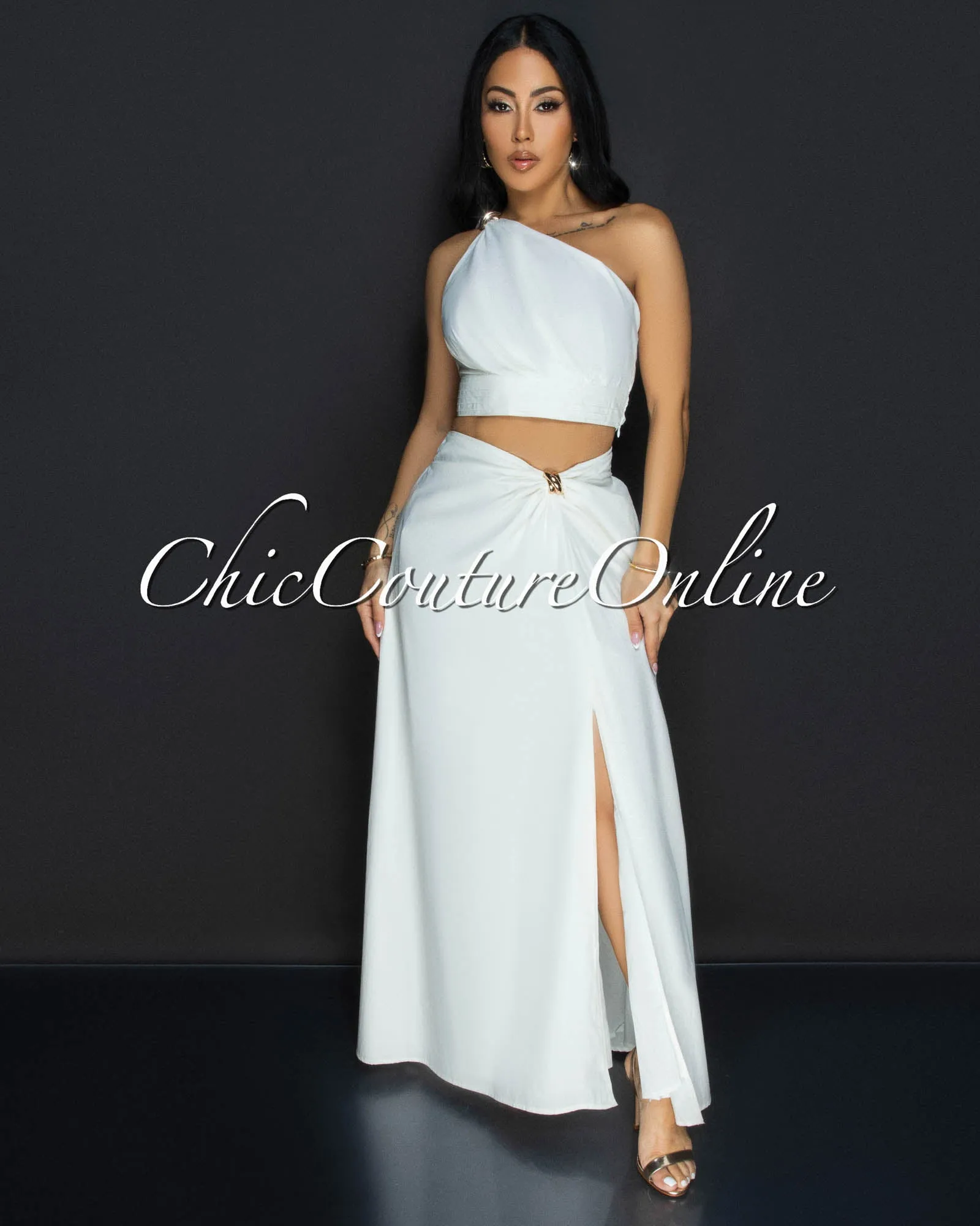 Ceci White Gold Accent Top & Skirt Two Piece Set sold by Chic Couture