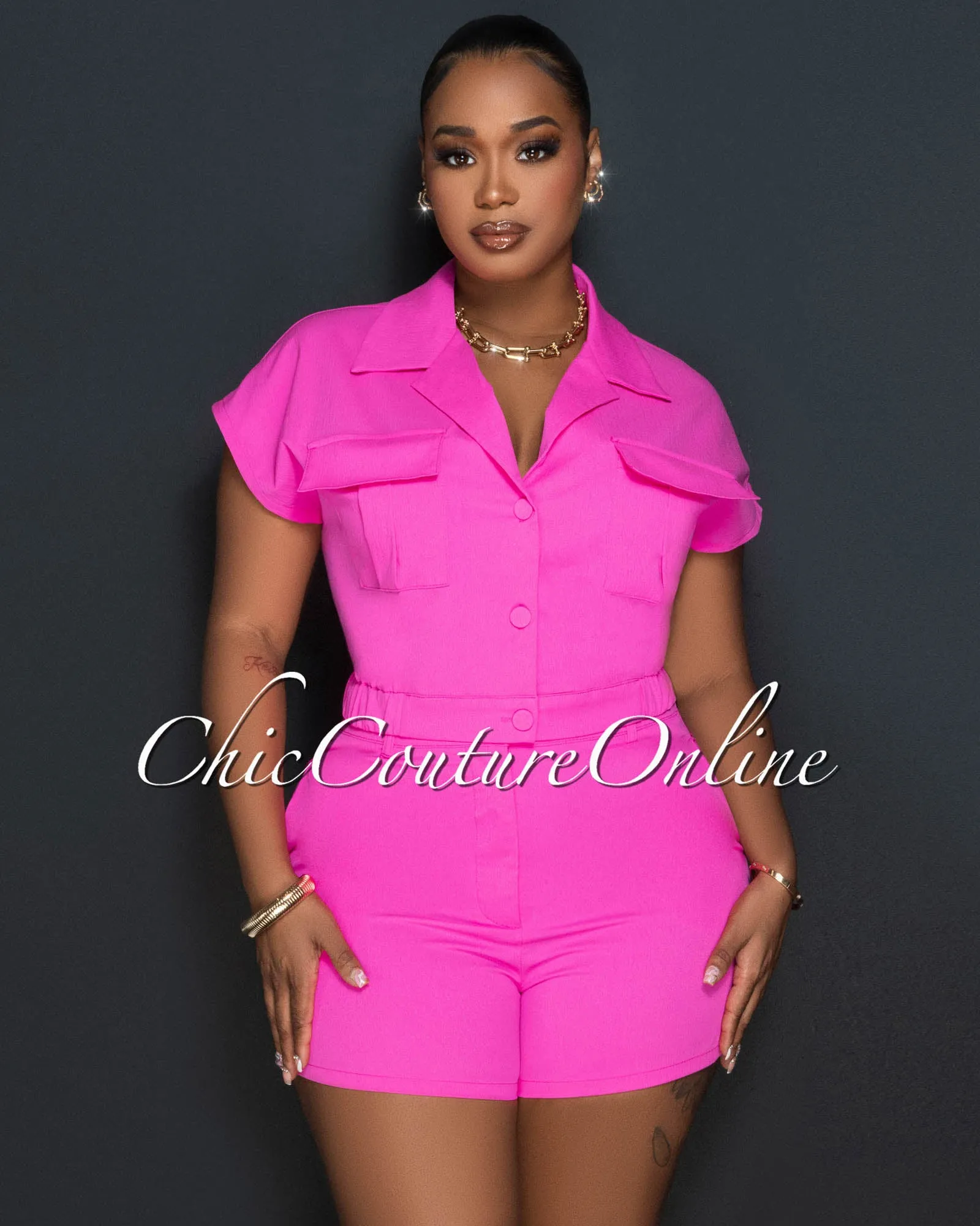 *Raith Fuchsia Cargo Pockets Crop Top & Shorts Set sold by Chic Couture product image thumbnail 4
