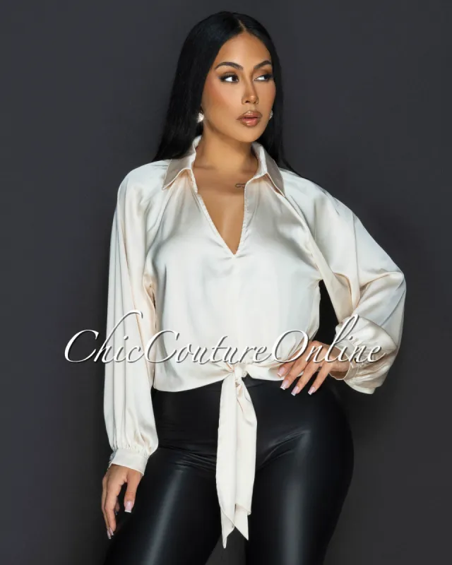 Cilia Champagne Front Tie Silky Blouse sold by Chic Couture