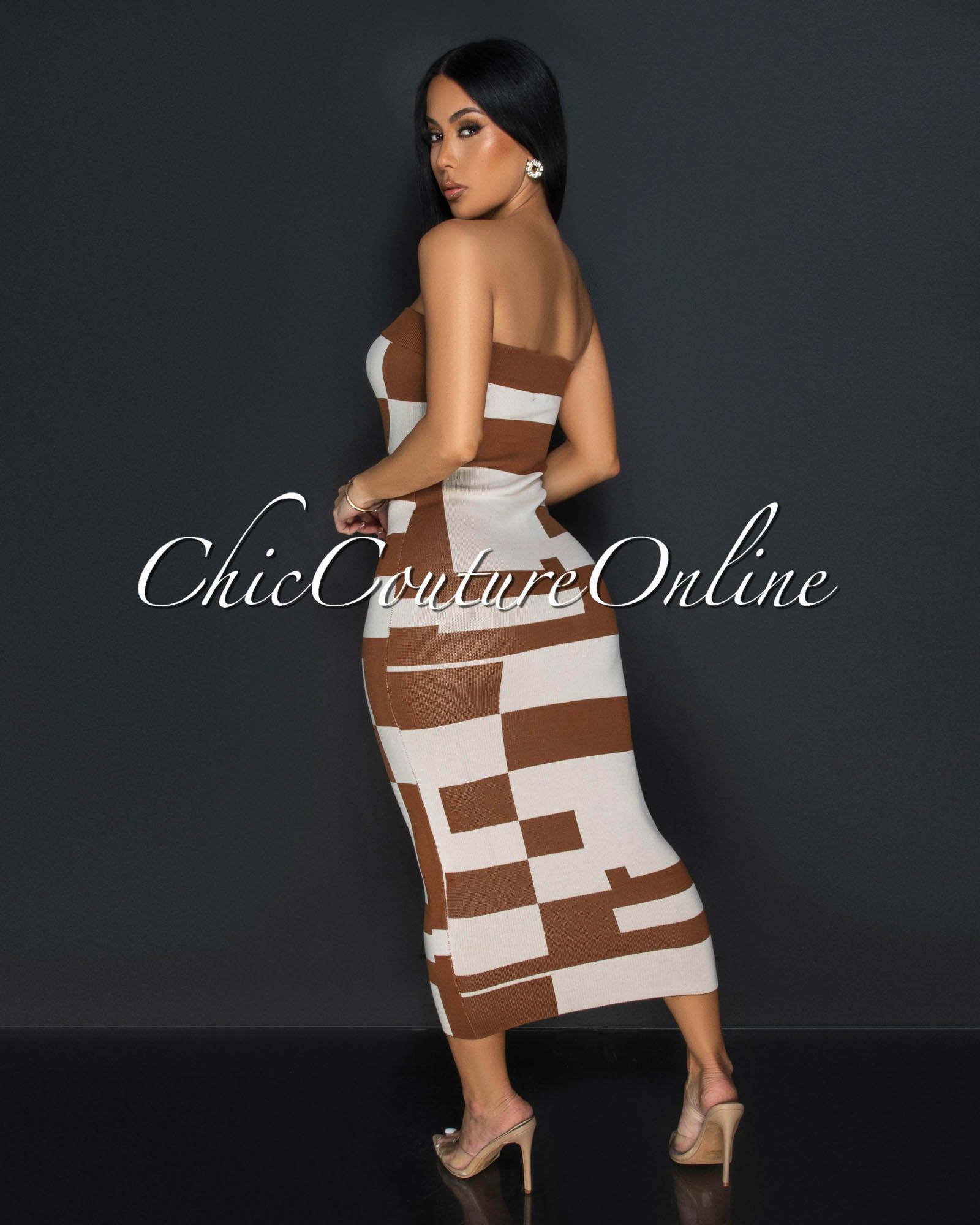 Noelani Brown Beige Geometric Print Tube Midi Dress sold by Chic Couture product image thumbnail 3